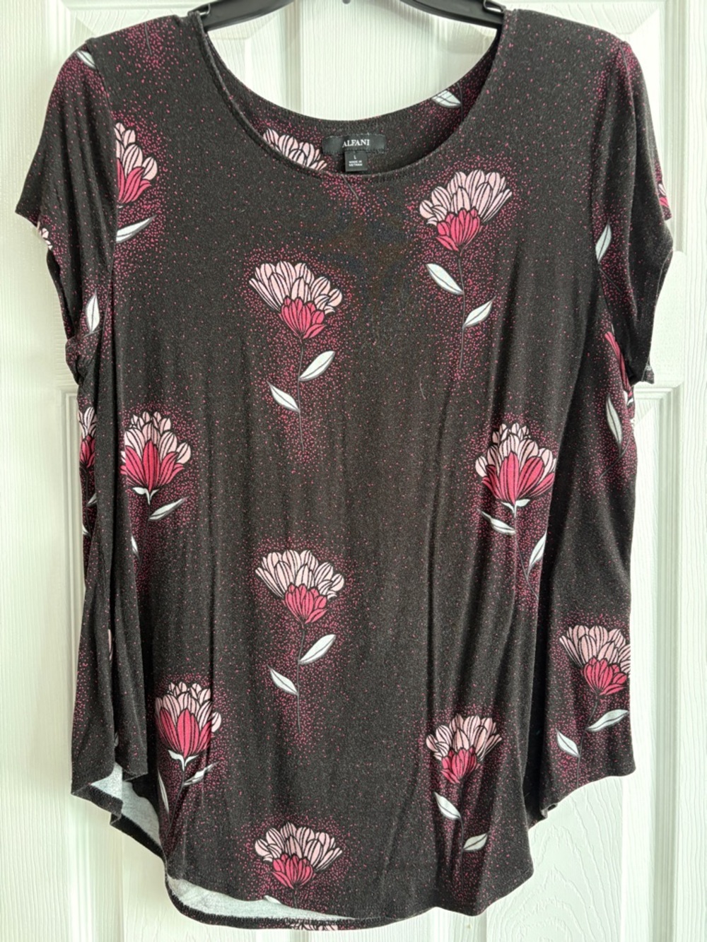 Alfani Black Short-Sleeve Floral Top with Pink Accents